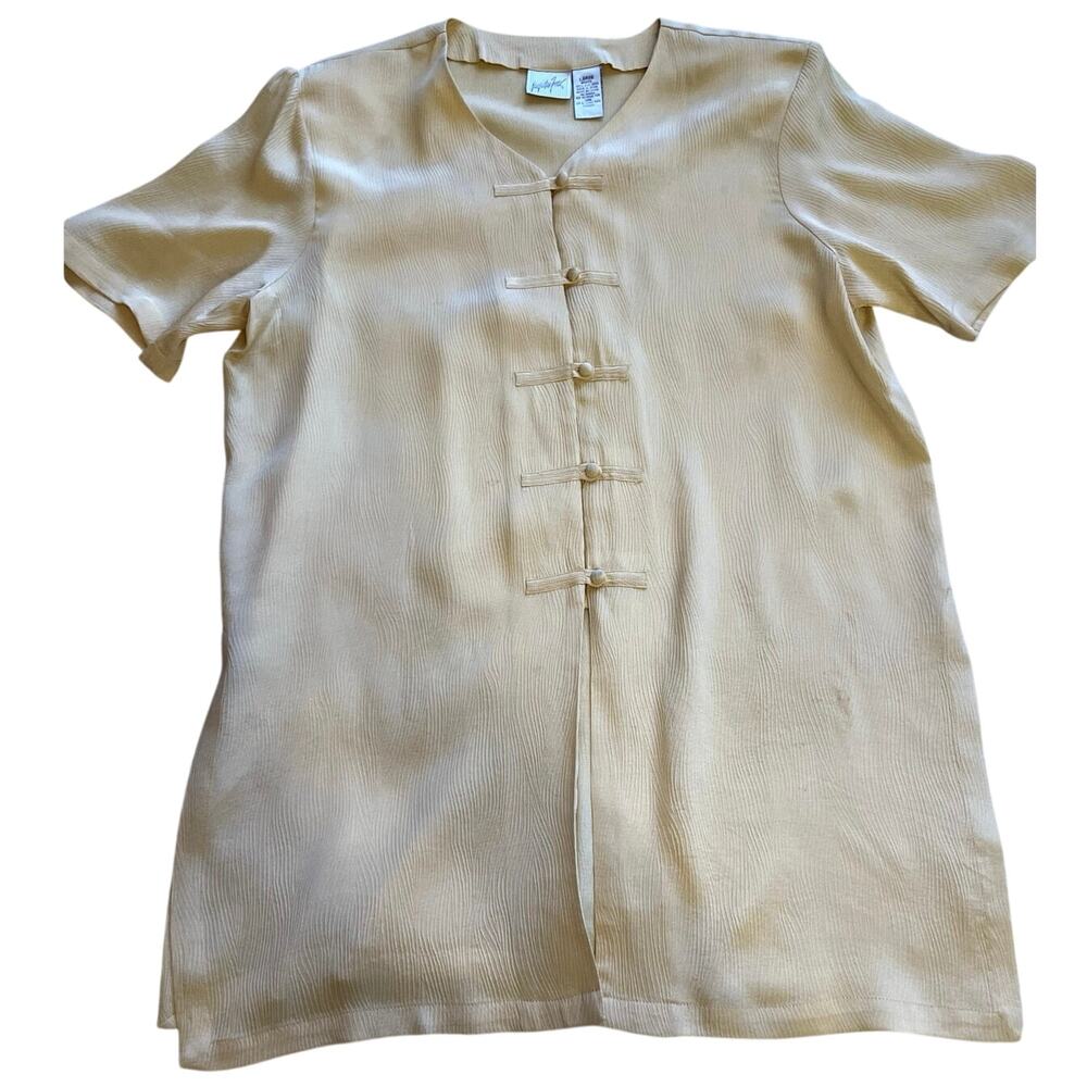 VTG Jacqueline Ferrar Frog Loop Button Up Short Sleeve Silk Yellow Blouse Large